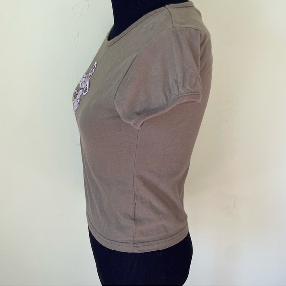 VTG Y2K BASIC EDITIONS OLIVE GREEN FLEUR DE LIS BABY T SHIRT SIZE XS - Picture 3 of 6